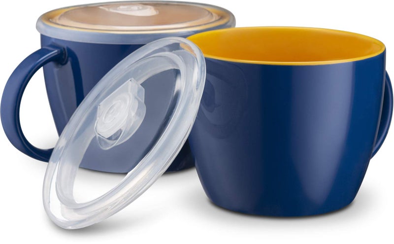 KooK Ceramic Soup Mug Set with Lid & Handles, 25 Oz Microwave-Safe Bowls for Cereal, Overnight Oats, Coffee, Travel Use, Navy/Pumpkin, Set of 2 - Image 1